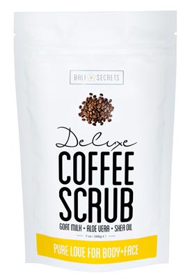 Pack of Natural Deluxe Coffee Scrub by Bali Secrets isolated on white background